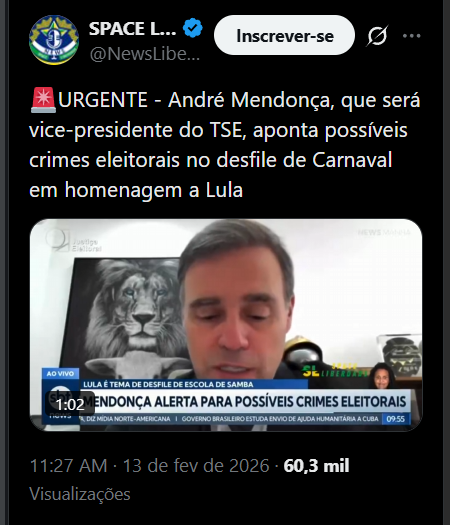 BrazilenDireita's tweet image. 🚨URGENTE - André #Mendonça, que será vice-presidente do #TSE, aponta possíveis crimes eleitorais no desfile de #Carnaval em homenagem a #Lula.