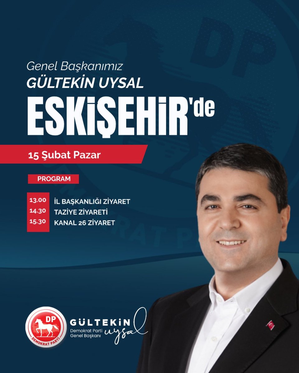 Genel Başkanımız Sayın Gültekin Uysal <a href="/DpGultekinUysal/">Gültekin Uysal</a> 15 Şubat Pazar Eskişehir'de olacaklardır.