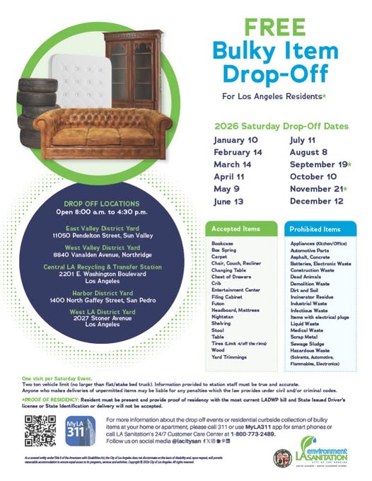 LACity's tweet image. Got bulky items to get rid of? 🛋️♻️

@LACitySan is hosting a FREE Bulky Item Drop-Off Event this Saturday, February 14 at select locations across the city, open from 8:00 AM to 4:30 PM.

Check the flyer for dates, locations, and accepted items—help keep our neighborhoods clean!