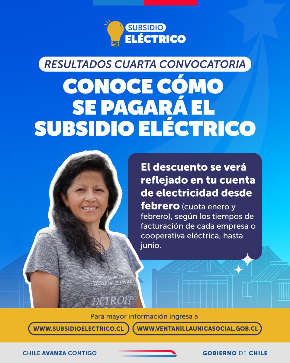 ¡No lo olvides!💡El #SubsidioEléctrico se reflejará en la boleta correspondiente a la facturación de febrero, e incluirá las cuotas de enero y febrero.  
Luego, el descuento se aplicará mensualmente hasta junio. Revisa si eres uno de los beneficiados en 👉subsidioelectrico.cl