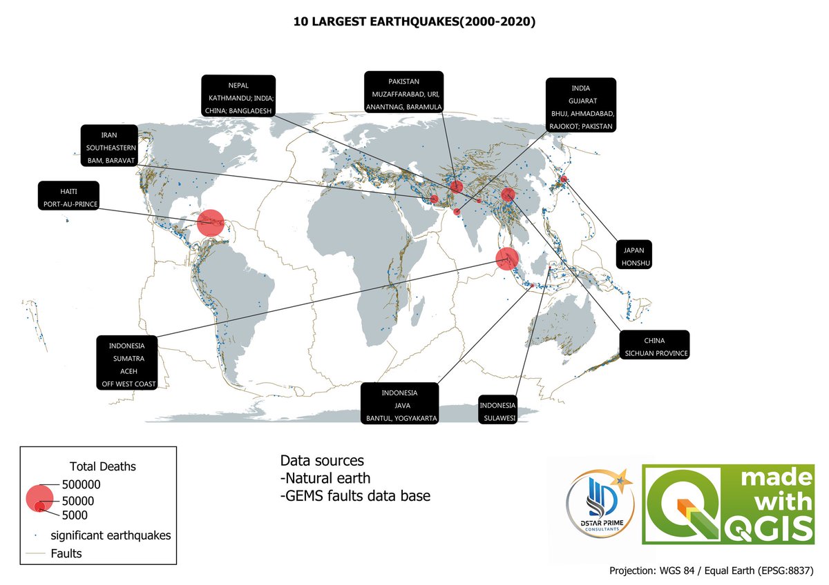 CharlesMilemba's tweet photo. Spatial analysis meets disaster risk mapping.

This thematic map visualizes the 10 deadliest earthquakes between 2000–2020 using Natural Earth and GEMS fault datasets.

Built in QGIS.

#GIS #DisasterRisk #GeospatialEngineering #Mapping https://t.co/V3ooCmVSst