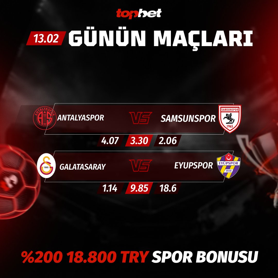🇹🇷 Topbet ile Cuma Maçlarına Bahis!

🔴 Antalyaspor 🆚 Samsunspor ⚪️
🔴 Galatasaray 🆚 Eyüpspor 🟣

💎47K TRY'e kadar Cashback Bonusu

Topbet 📲 cutt.ly/rtzGVzW6 🎁

#GSvEYP #ANTvSAM