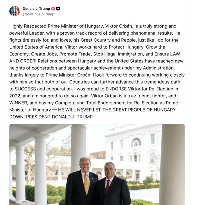 Orban has ensured that Hungary is the most corrupt and second poorest country in the EU.
Orban blocks most EU decisions.
Orban is working more and more openly for Putin.

That's why Trump loves Orban.