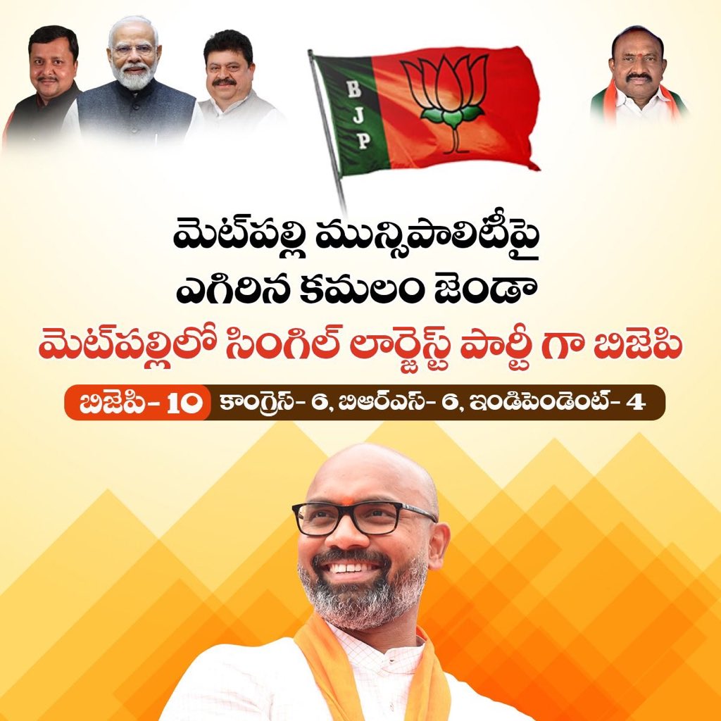 BJP flag soars high over Metpally Municipality 

BJP emerges as the single largest party in Metpally📍
 • BJP – 10
 • Congress – 6
 • BRS – 6
 • Independents – 4