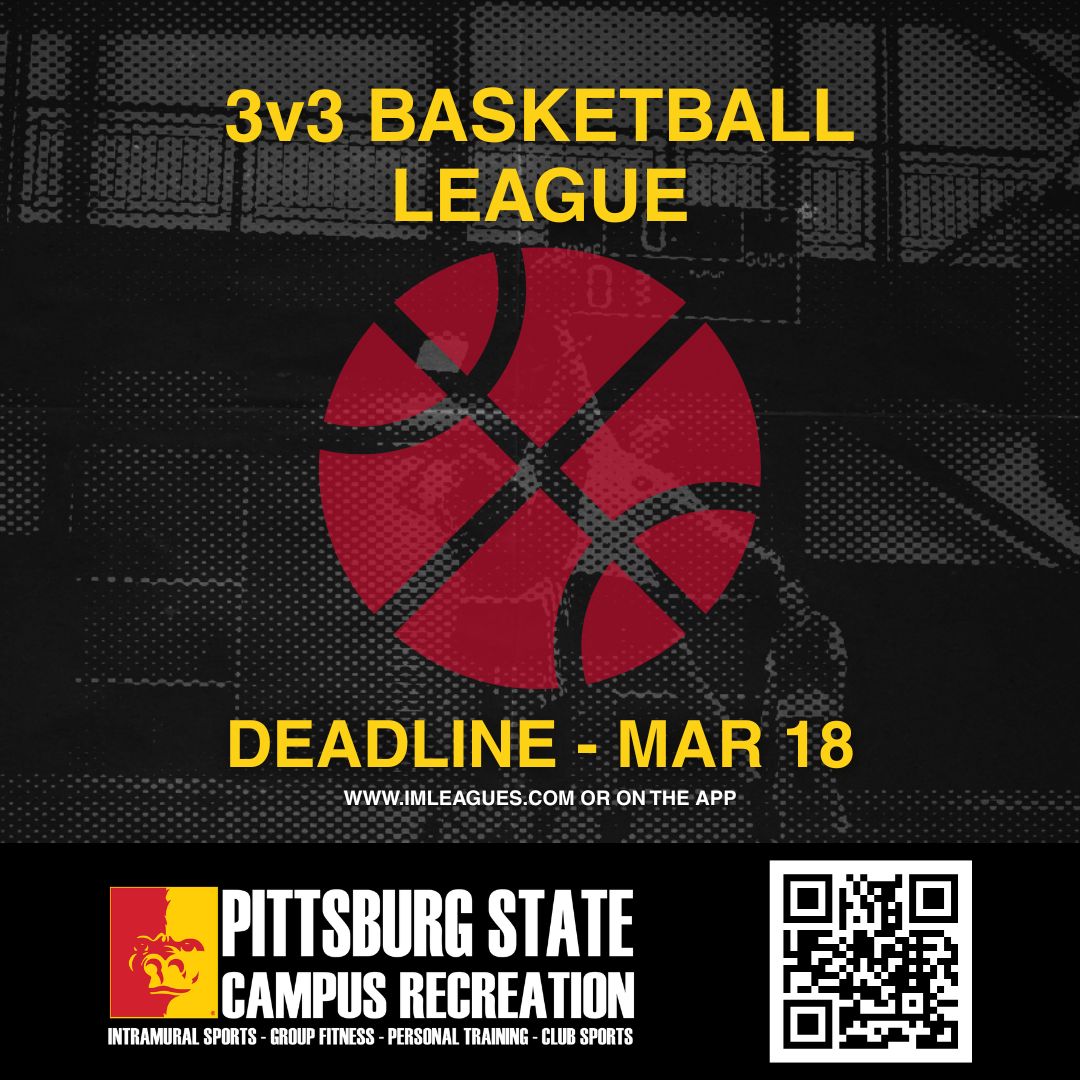 PSU_CampusRec's tweet image. 🚨 INTRAMURAL SPORTS DEADLINE 🚨 Today is the last day to sign up for the 3v3 Basketball League! Sign up on IMLeagues or on the Pitt State Campus Rec App! #CampusRec #CampusLife #OAGAAG #PSU #PittState #PittStateRec