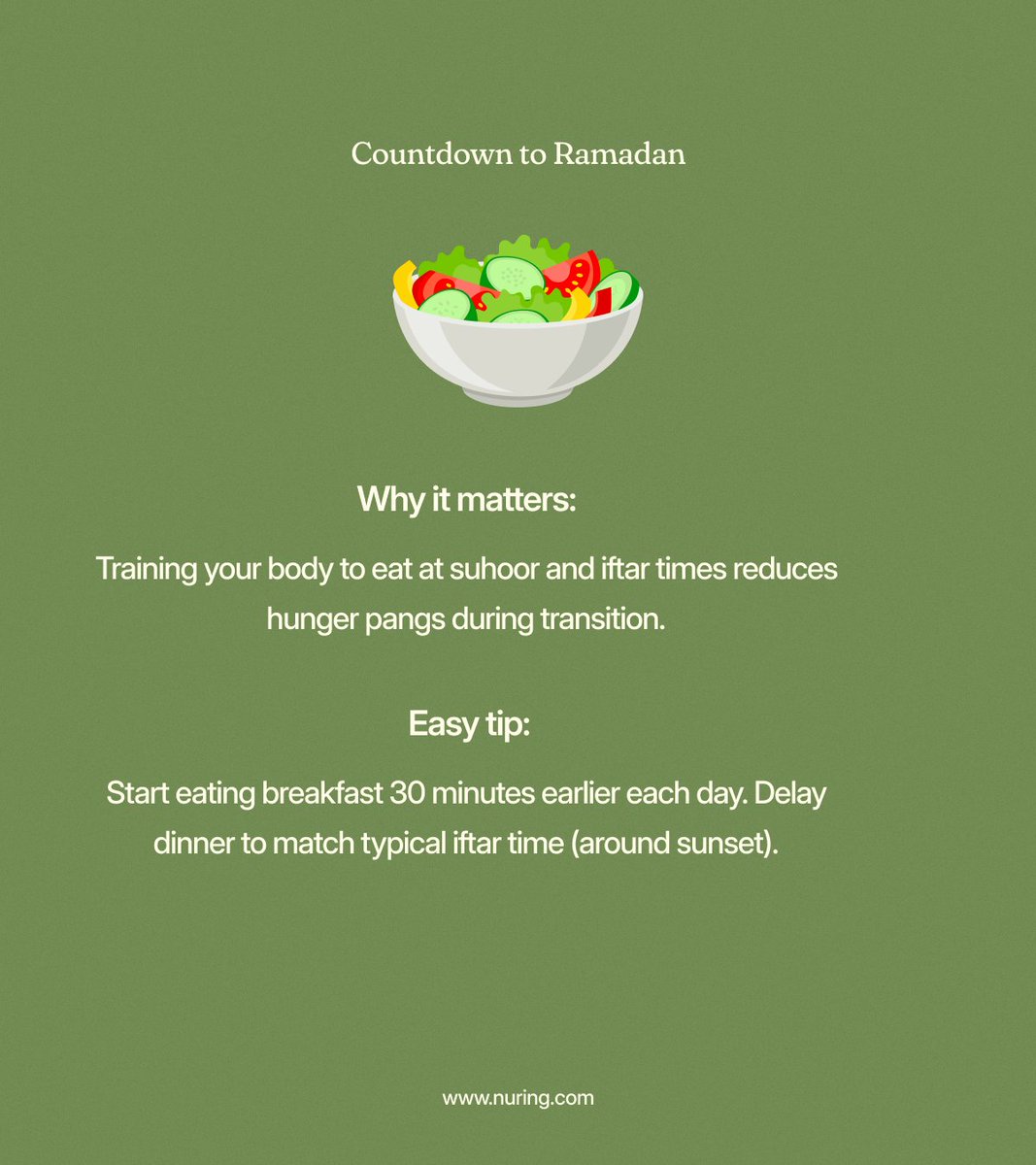 nuringapp's tweet photo. Ramadan begins with intention๐
Allahumma inni asโaluka al-โafiyah
(O Allah, I ask You for well-being.)
Ease your body into the rhythm
โ
Eat mindfully
โ
Rest gently
โ
Realign with purpose
With Nuring, balance starts in the small, quiet shifts
#nuring #Ramadan2026 #fasting https://t.co/g4F3AWPhlE