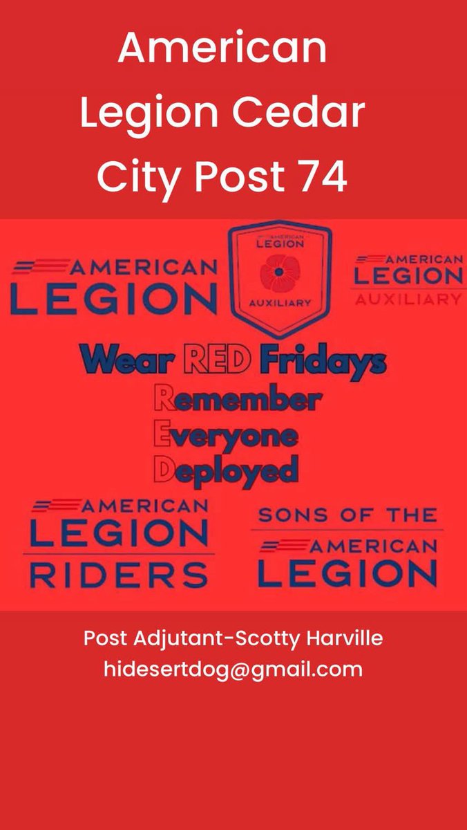 SHidesertdog's tweet photo. R.E.D. FRIDAY
Remember Everyone Deployed Friday Wear Red Today To Show Your Support For Those Who Are Deployed Defending The Country. We Are Here For You American Legion Cedar City Post 74 &amp; Auxiliary Unit 74. Service Not Self. God Bless Our Troops &amp; The United States Of America! https://t.co/DzWDtoVVkU
