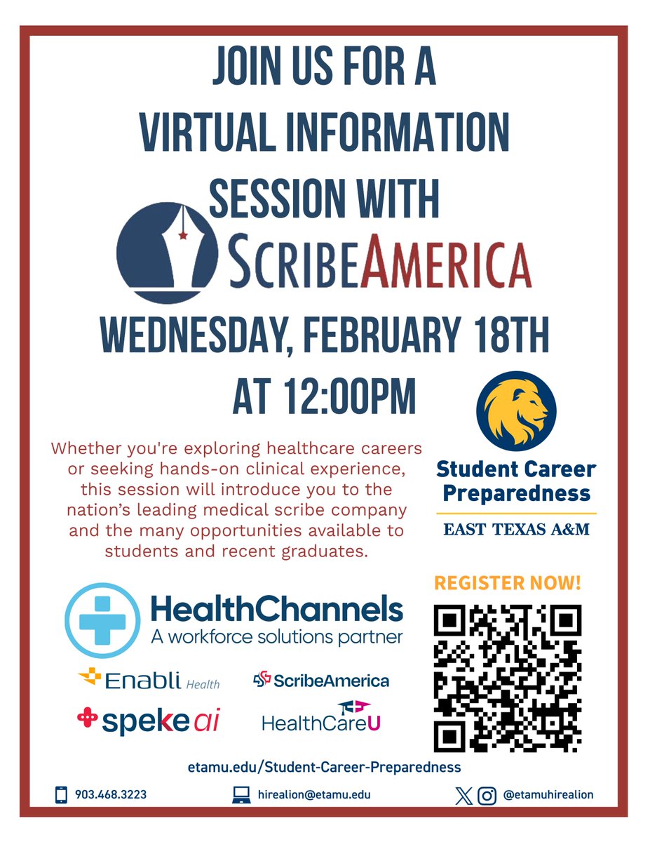 ✨ Interested in healthcare or looking for meaningful clinical experience?  Join us for a Virtual Information Session with ScribeAmerica on Wednesday, February 18th at 12:00 PM! 📲 Register now and secure your spot!  #hirealion #etamu