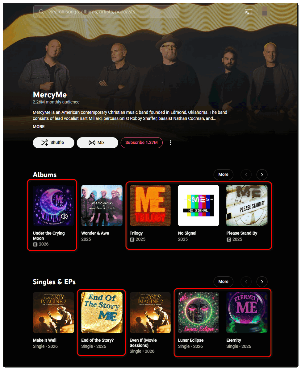 CCMology's tweet photo. Hey @youtubemusic "ME" is a group that's had it's discography merged with the American contemporary Christian music band @mercyme.
https://t.co/giFRPle8jn

Please fix this. https://t.co/3vFhpzUG1F