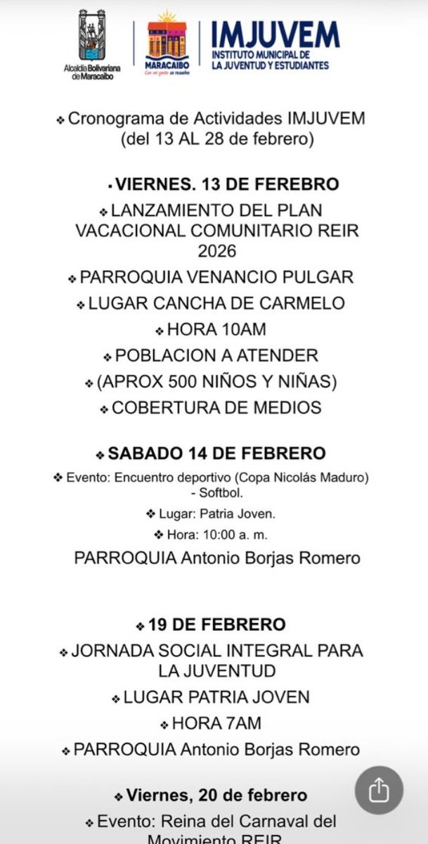 El Instituto Municipal de la Juventud de Maracaibo , adscrito a la Alcaldía de Maracaibo, presenta el cronograma del Plan Vacacional Comunitario Red Integral de Recreación para este mes de febrero de 2026. Asiste!!