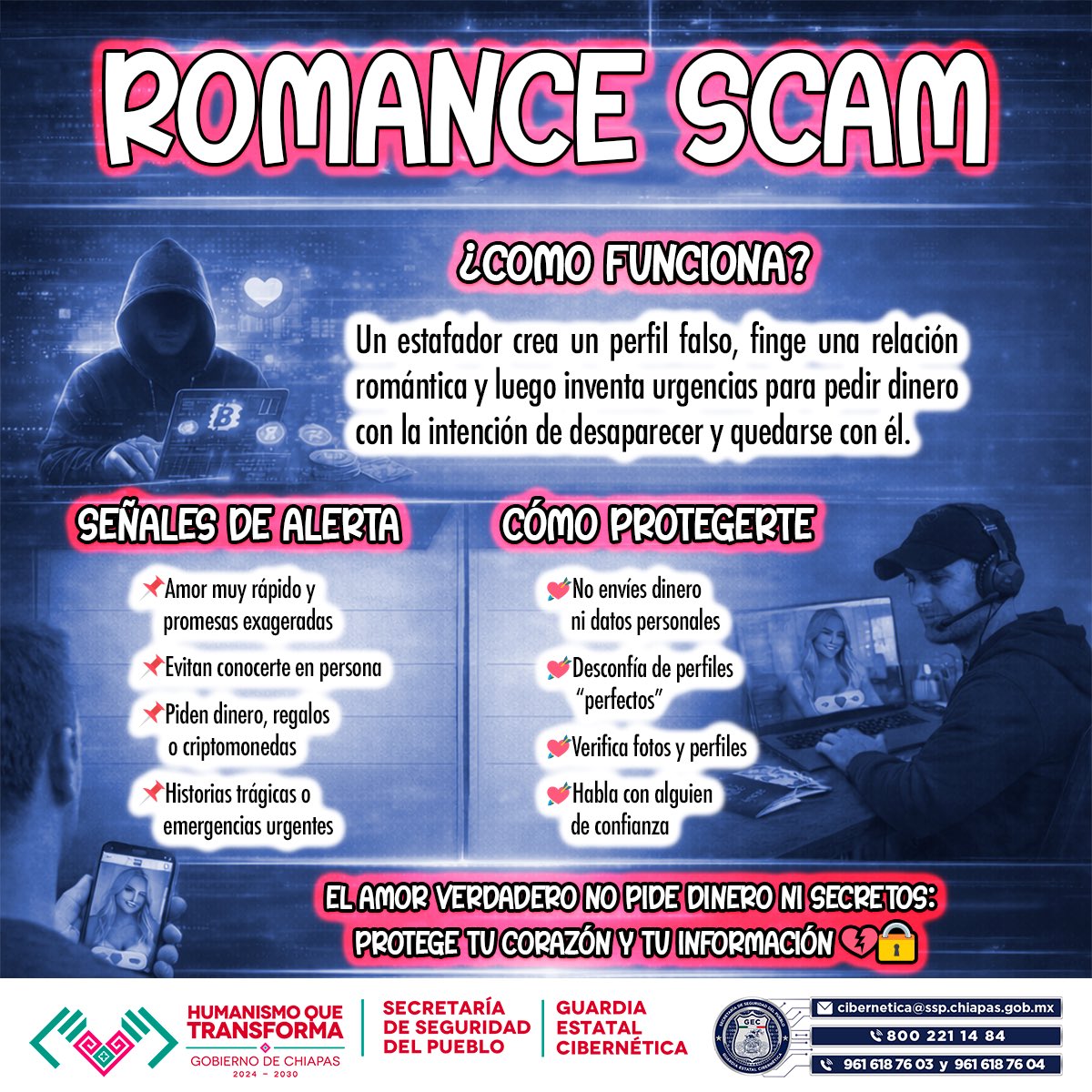 🚨💔 #AlertaCibernética

El #RomanceScam o #ScamLover es una modalidad de fraude donde delincuentes crean perfiles falsos en redes sociales o apps de citas para generar una relación sentimental y después pedir dinero con pretextos como emergencias médicas, viajes o inversiones
