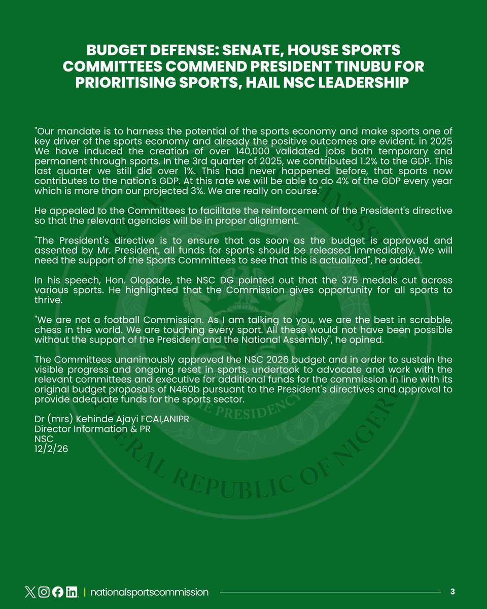 🗞️ 𝙋𝙍𝙀𝙎𝙎 𝙍𝙀𝙇𝙀𝘼𝙎𝙀 : 

Lawmakers in both chambers of the National Assembly (House of Representatives and Senate Commitee of Sport) have commended President Bola Ahmed Tinubu <a href="/officialABAT/">Bola Ahmed Tinubu</a>, GCFR, for prioritising sports,  the unwavering support to the National Sports