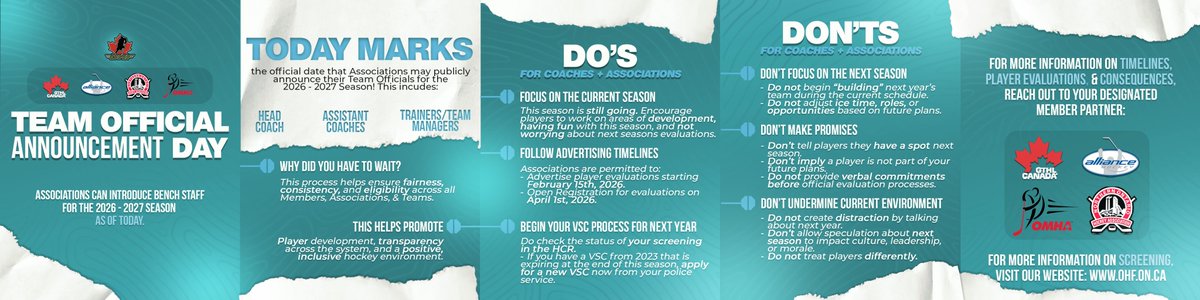 OHFHockey's tweet image. 📣 February 15 marks the first day Associations may announce Team Officials for 2026–2027.

Reminder:
🏒 This season remains the priority.
📈 Focus on player development.
📅 Evaluations follow official timelines

Let’s finish strong.

#OHFHockey #MinorHockey #PlayerDevelopment