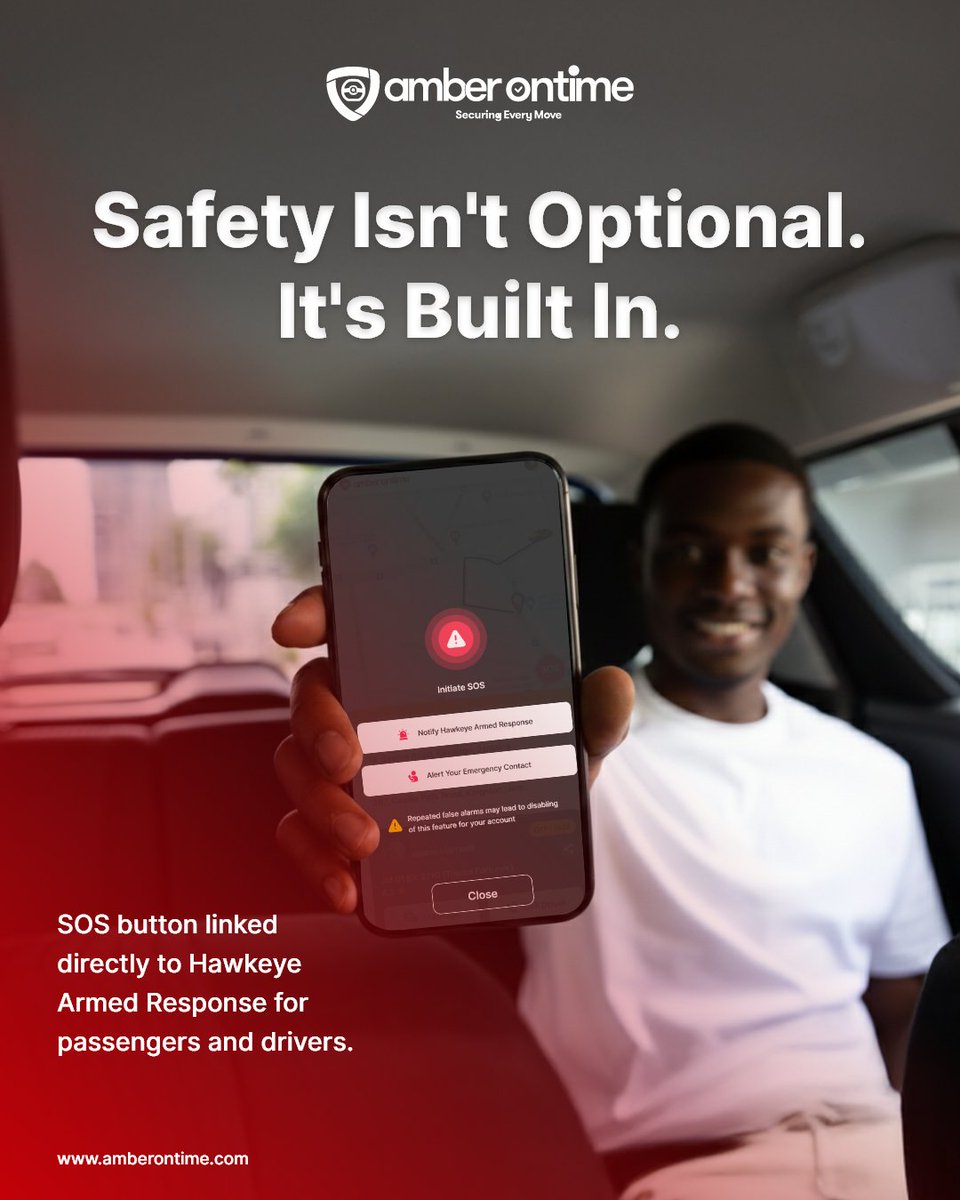 Getting home shouldn’t feel like a risk. With Amber OnTime, every ride includes an SOS panic button. Whether you’re a passenger or a driver, help is one tap away. Not a chatbot, not a delay, but real armed response. We move smart. We move safe. Download Amber OnTime today.