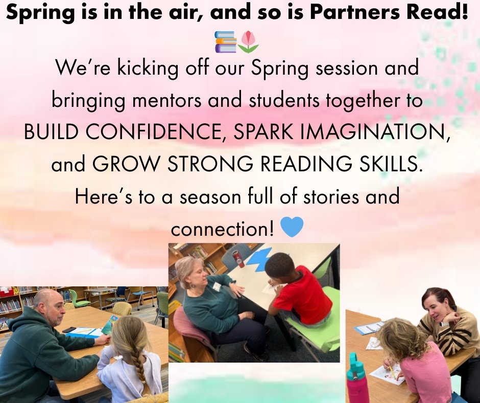 wakeedpa's tweet photo. Spring is here — and so is #PartnersRead! 🌷📚

We’re kicking off our Spring semester with volunteers now serving students in 65 @WCPSS schools — building confidence, sparking imagination, and strengthening reading skills one child at a time.
Learn more: https://t.co/lqbJRWUrho
#WakeEd #StrongPublicSchools