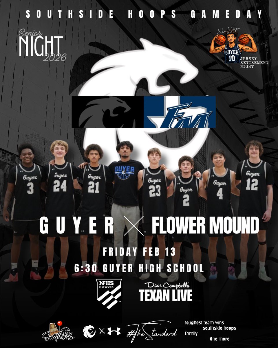 GuyerBasketball's tweet photo. 𝐒𝐨𝐮𝐭𝐡𝐬𝐢𝐝𝐞 𝐆𝐚𝐦𝐞𝐝𝐚𝐲
𝚂𝚎𝚗𝚒𝚘𝚛 𝙽𝚒𝚐𝚑𝚝 
𝙹𝚊𝚕𝚎𝚗 𝚆𝚒𝚕𝚜𝚘𝚗 𝙹𝚎𝚛𝚜𝚎𝚢 𝚁𝚎𝚝𝚒𝚛𝚎𝚖𝚎𝚗𝚝

🆚 Flower Mound
⏰ JV &amp; 9A 5:00 || Var 6:30 || 9B 6:30
📍 Southside, TX
🎟️ https://t.co/dYzdkLxNY1
📺 NFHS Network &amp; Texan Live

#TheStandard | #Southside https://t.co/rx1wlWGD06
