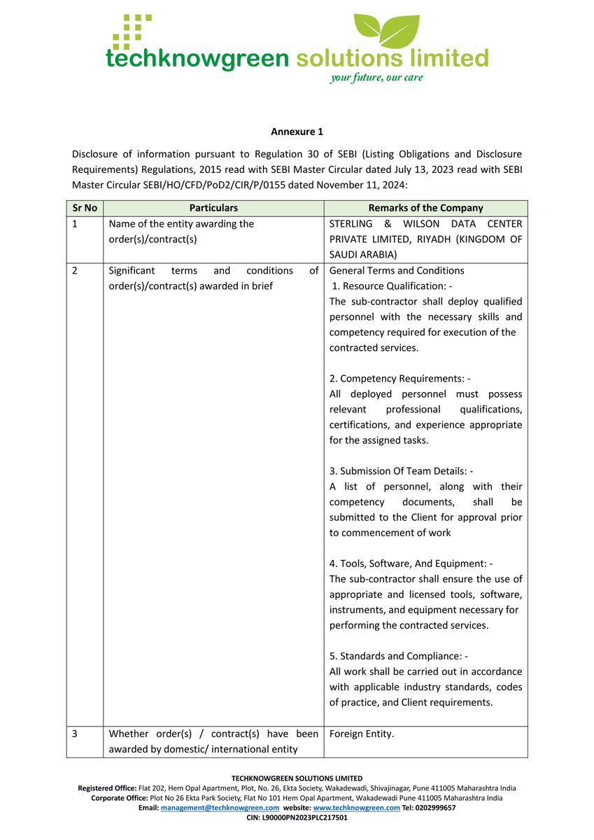 stocknewslatest's tweet photo. #TECHKGREEN Techknowgreen Solutions Limited received a work order amounting to USD 190,598.00 from Sterling & Wilson Data Center Private Limited, Riyadh. The order involves comprehensive environmental project criteria evaluation for the SWDC Project โRUH - East Data Centerโ in Saudi Arabia.