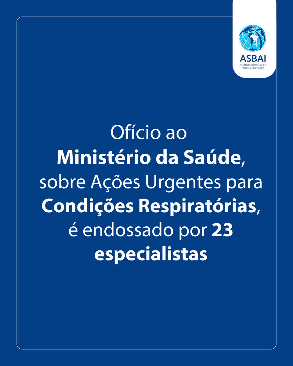 A ASBAI é uma das entidades que assinam o ofício enviado ao Ministério da Saúde, sobre “Ações Urgentes para Condições Respiratórias”.

Leia o ofício: forumccnts.org/post/oficio-co…

#ASBAI #CCNTs #saúdepública #sus #doençasrespiratórias #asma #alergia #imunologia