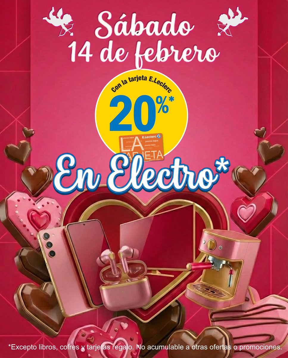💘 ¡San Valentín en EꓸLeclerc Soria! Solo este sábado 14 de febrero. Acumula el 20% en Ticket EꓸLeclerc en la sección de Electro*. El detalle perfecto o lo que tu casa necesita, con la calidad de siempre.

¡Te esperamos! 🛒

*Excepto libros, tarjetas regalo y cofres.
