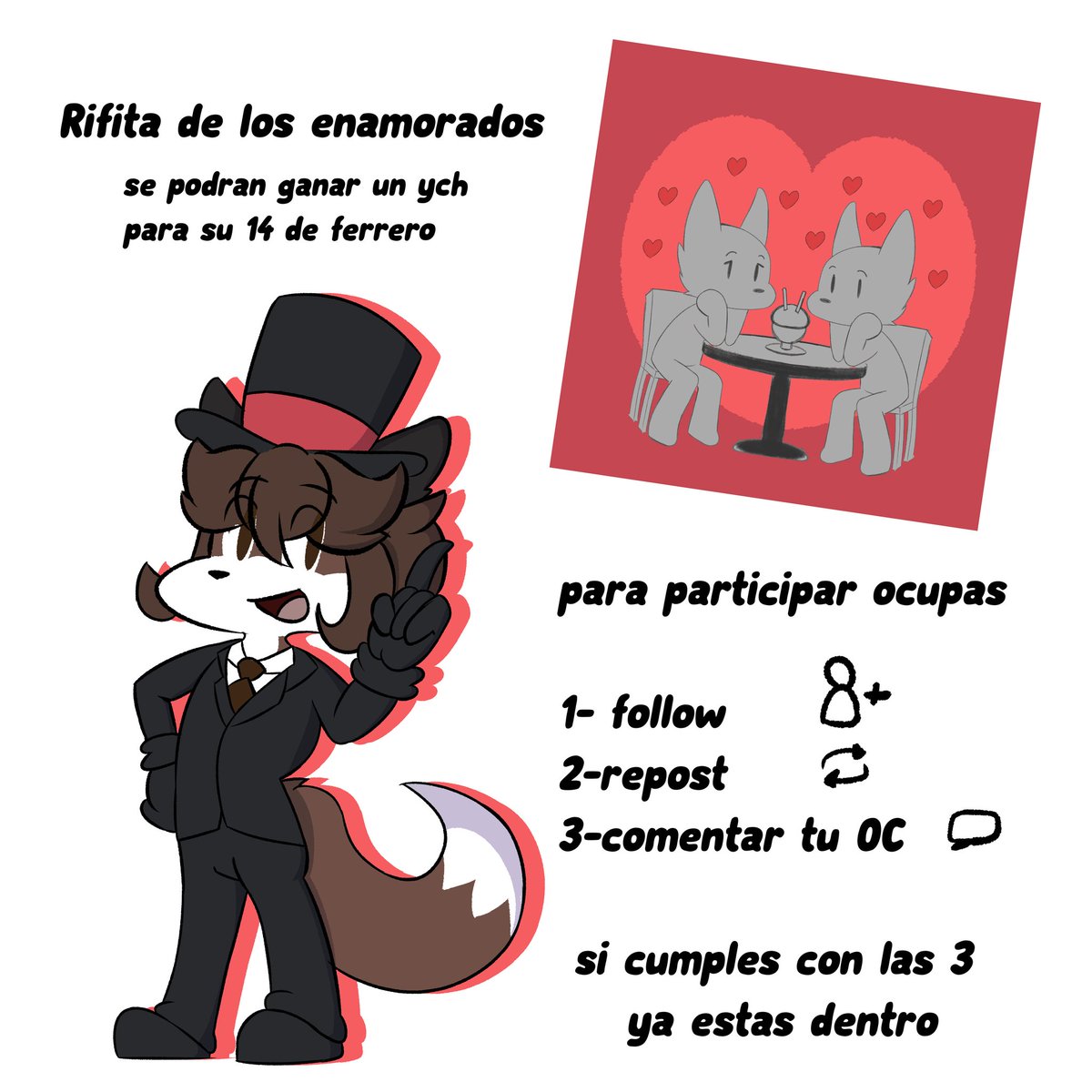 ❤️ Una rifa de san Valentín? ❤️ 
Para conmemorar al día del amor y amistad decidí realizar una rifa
Para entrar necesitas
1-dar follow
2-repostear está publicación 
3-comentar tu oc abajo
Si cumples con los 3 ya estás dentro.
Termina en... Si (1 día aprox)