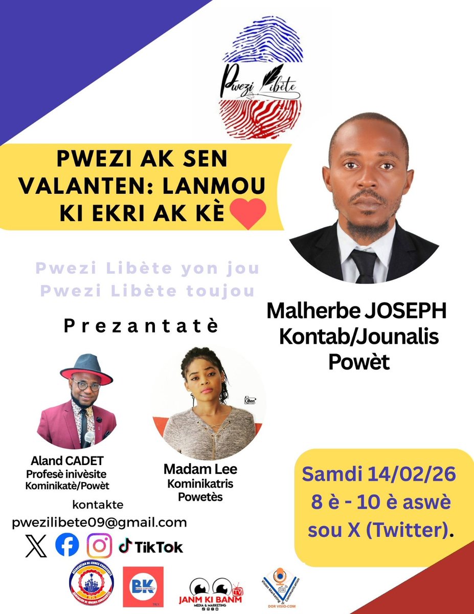 Demen samdi 14 fevriye 2026 la 8 è nan aswè, Pwezi Libète ap envite ou vin patisipe nan yon moman PWEZI AK SEN VALANTEN, kote LANMOU EKRI AK KÈ, yon moman kote w ap ka di pwezi w ak kè, pale sou Sen Valanten, fè dedikas, elatriye. N ap tann ou bonè, deja nou swete w byenvini 🫂.