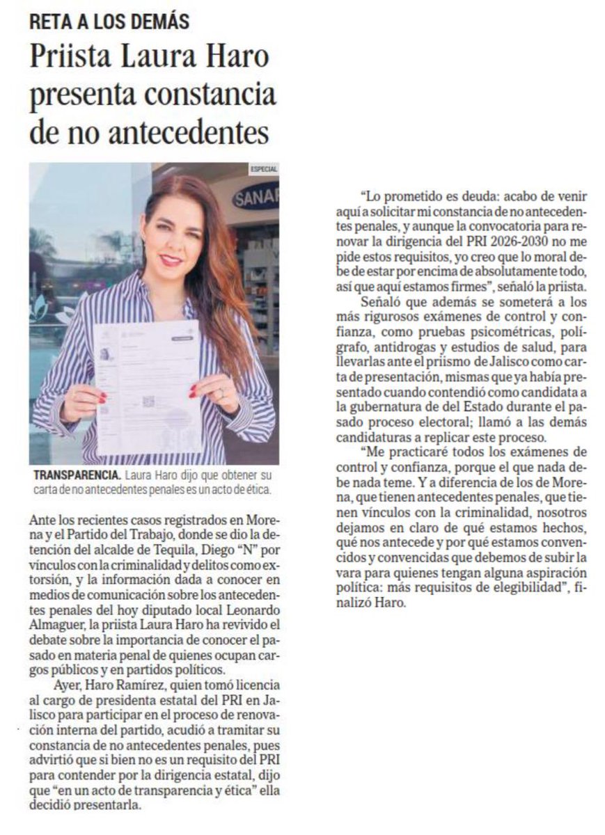LauHaro's tweet photo. En 2024 como candidata lo advertí, no atendieron y todos conocemos la historia. Una vez más, vuelvo a hacer de la transparencia de mi persona, mi carta de presentación.

Ojalá haya congruencia política en Jalisco, para modificar la ley y exigir como requisito, exámenes de control y confianza para los cargos públicos de elección.