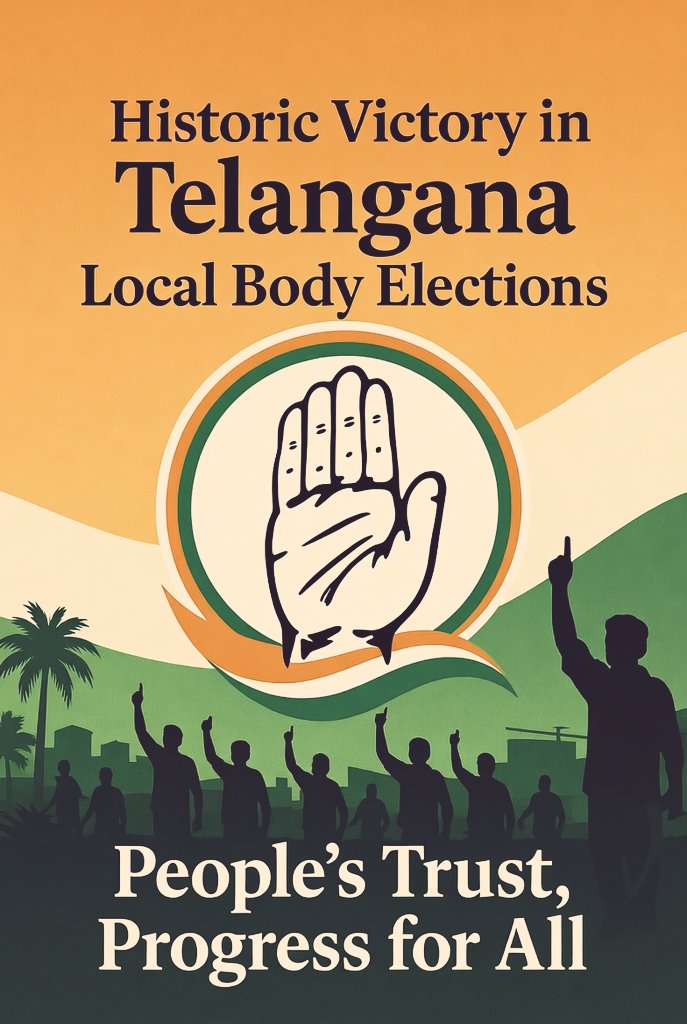 Historic victory for Indian National Congress in Telangana local body elections reflects people’s deep trust in Congress ideology, leadership, and pro-people governance.

People have chosen progress and grassroots empowerment.

Jai Telangana! Jai Congress!