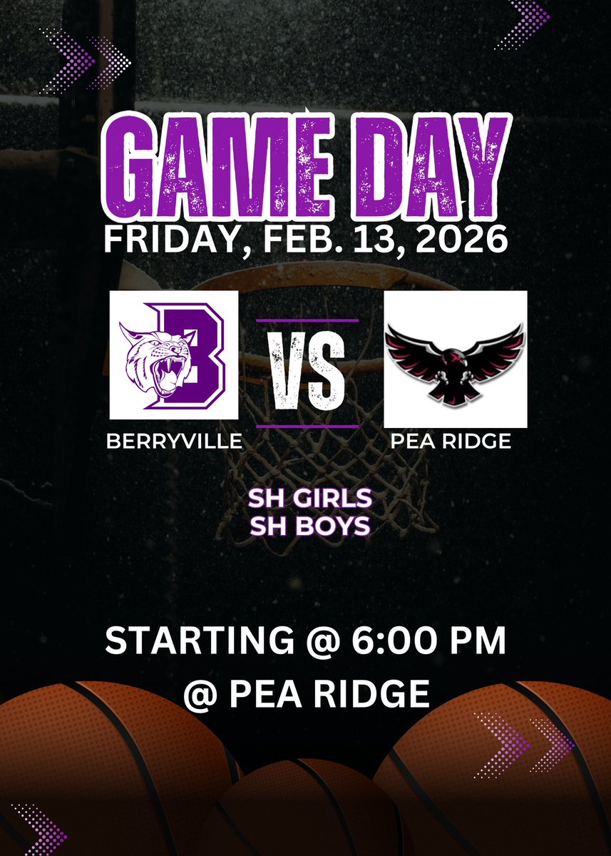 bvbobcatwbb's tweet photo. #BobcatNation it’s GAME DAY! 
The Lady Bobcats travel to Pea Ridge to take on the blackhawks in the last regular season game of the year! Tip off is at 6pm! 🟣🟡 https://t.co/T4efqlakJq
