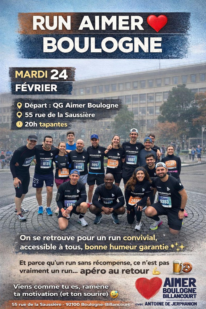 Vous aimez Boulogne Billancourt ?
Nous vous proposons un run de 6 km à travers la ville (allure tranquille) le mardi 24 février à 20h.
Le sport pour tous et le sport santé, des fondements de la politique sportive d’Antoine de Jerphanion pour les Municipales 2026.