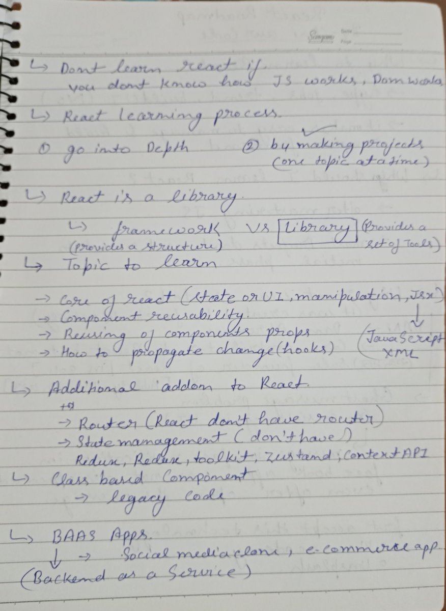 prashant_v02's tweet photo. Learning React #Day1/35  from #ChaiAurCode
-Understand the whole roadmap(core).
-Why to learn #React.
-Introduction of React.
-React is #Library or #Framework?

@Hiteshdotcom (sir aap kahte rahte hai share karo share karo toh maine kar diya😁) 
#development #LearningInPublic https://t.co/3f9z74Bapt