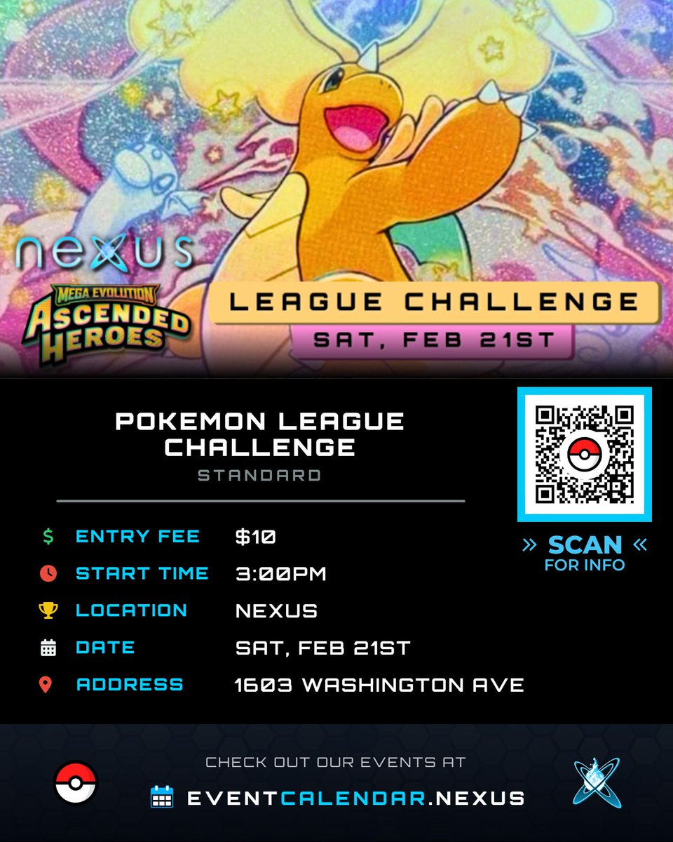 NXEsportsEvents's tweet photo. Don't miss our Pokemon League Challenge - Standard 📅 #EventCalendar #Nexus https://t.co/X8zgmXMmua