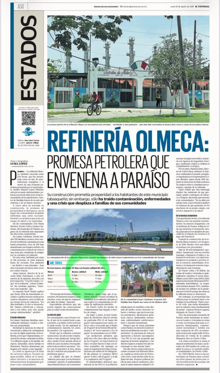 En agosto dimos cuenta de cómo la #refineríaOlmeca envenena #Paraíso: olores tóxicos, enfermedades y promesas rotas. 6 meses después, nada ha cambiado. Sigue siendo ignorado y tachado de 'mediática'. ¿Quién defiende a la gente de Paraíso? RT si te importa. <a href="/CEMDA/">CEMDA</a> <a href="/CClimaticas/">Conexiones Climáticas</a>