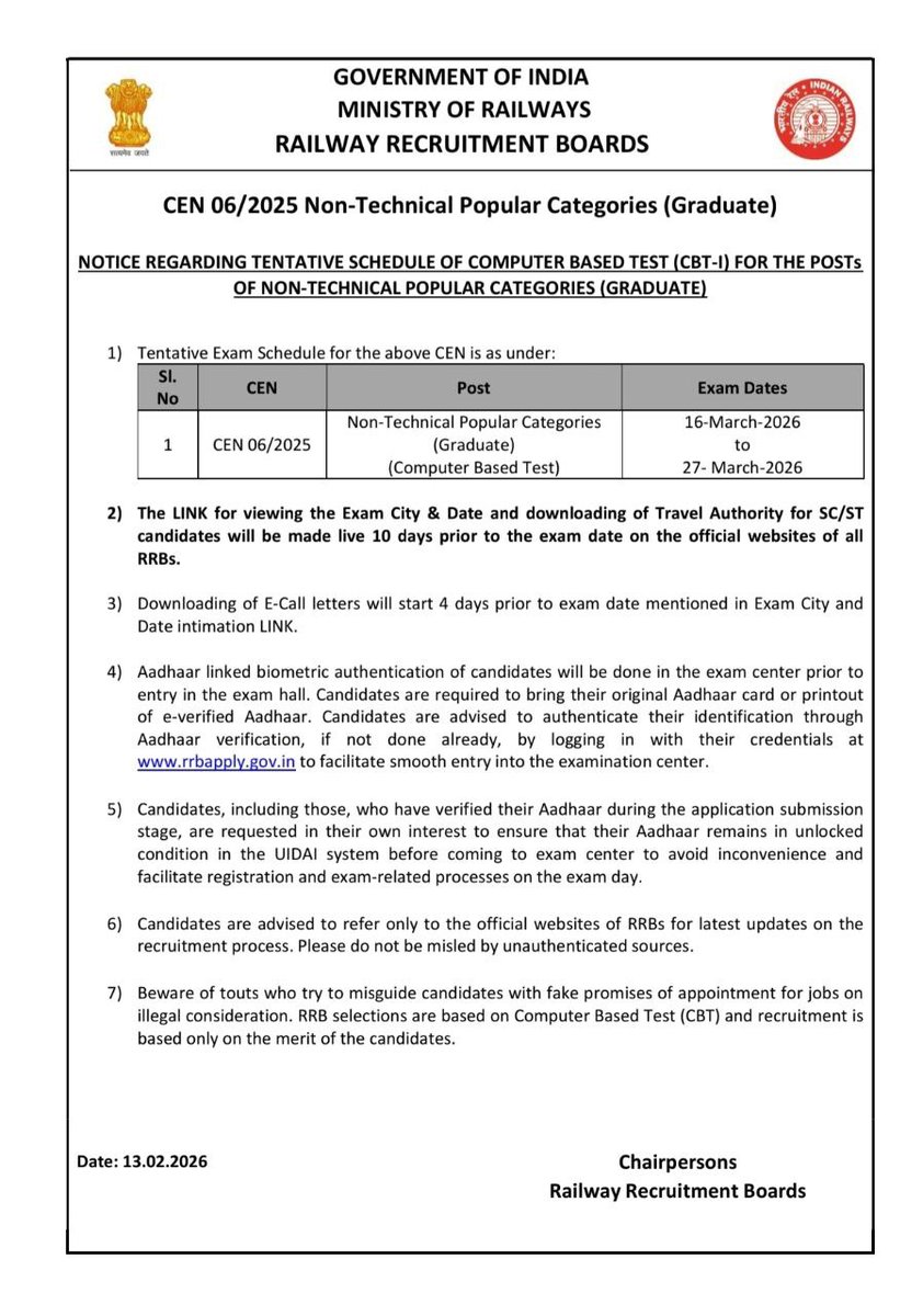 CivilsNetwork's tweet image. 🚨 RRB NTPC 06/2025 Exam Dates Released

✅ Exam Dates: 16 &amp;amp; 27 March 2026

#RRB #NTPC