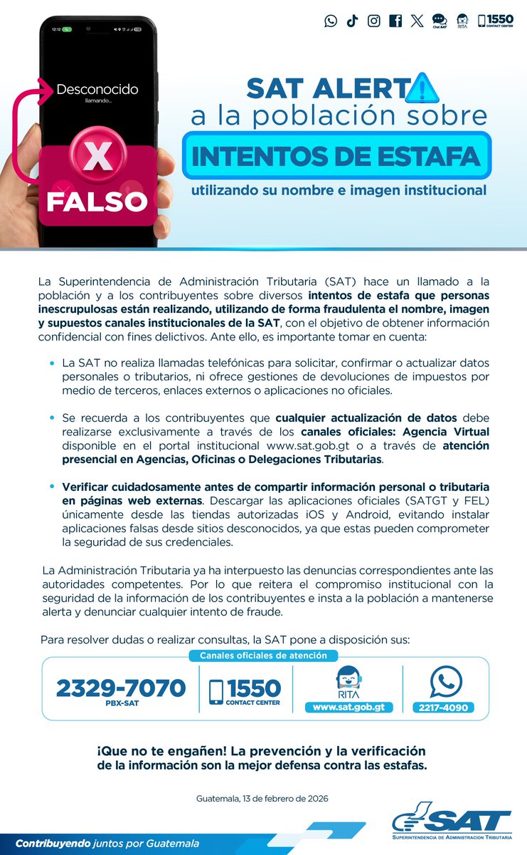 SATGT's tweet photo. 📢 #SAT alerta a la población sobre intentos de estafa utilizando su nombre e imagen institucional.

⚠️ ¡Qué no te engañen! https://t.co/Svb3ABMh0J
