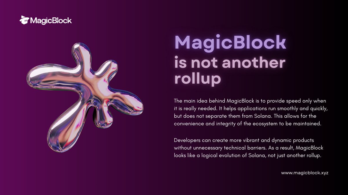 Why MagicBlock is not another rollup

> When people hear the word rollup, they immediately think of another separate network. Another chain. Another ecosystem that needs to be switched to and figured out.

> MagicBlock works differently.

> It does not create a separate world