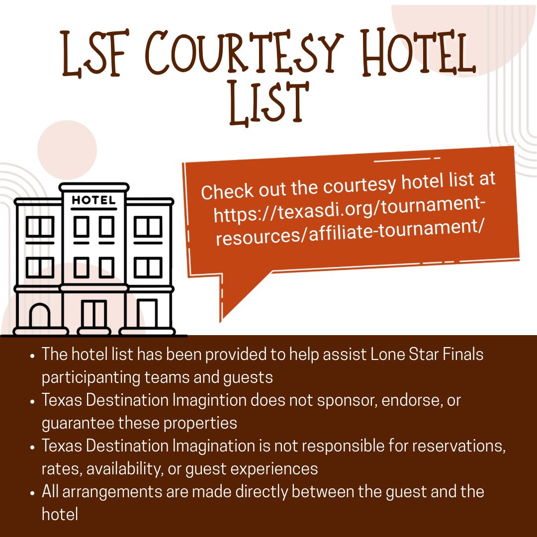 WeAreTexasDI's tweet photo. Attending Lone Star Finals? Check out the list of local hotels that we’ve complied to help you find the right one for you! We encourage you to book early. You can find the list, and all information for Lone Star Finals, at the link in our bio. ❤️🤍💙 #TXDI #LSF26 https://t.co/WyAreoI42F