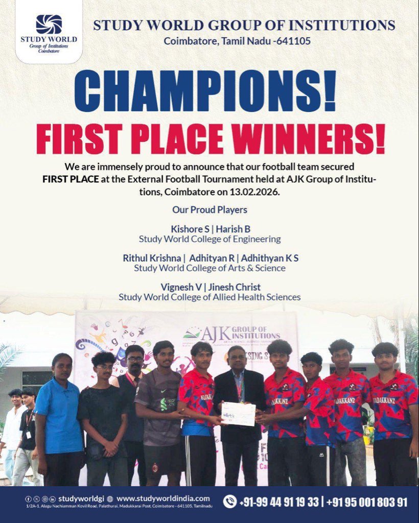 StudyWorldGI's tweet photo. CHAMPIONS! ⚽🔥

Our football warriors brought home FIRST PLACE at the External Football Tournament held at AJK Group of Institutions, Coimbatore! 💙💪 https://t.co/Zrf4Om53yi