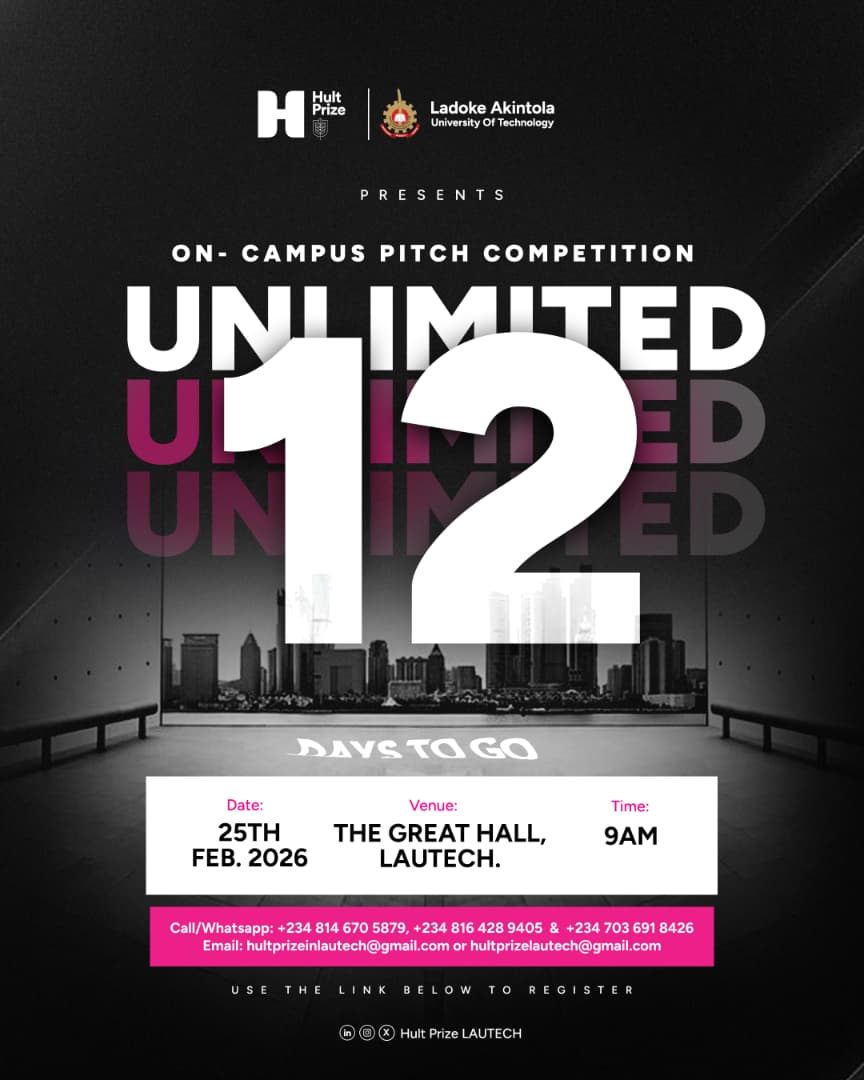 HultPrizeLautec's tweet image. In just 12 days, brilliant minds across LAUTECH will step into The Great Hall to pitch solutions that can change lives, reshape industries, and push boundaries.

Register using the link below 👇 

forms.gle/Qa8wK1P2gEdfLs…

#12Days #UNLIMITED #HultPrizeLAUTECH