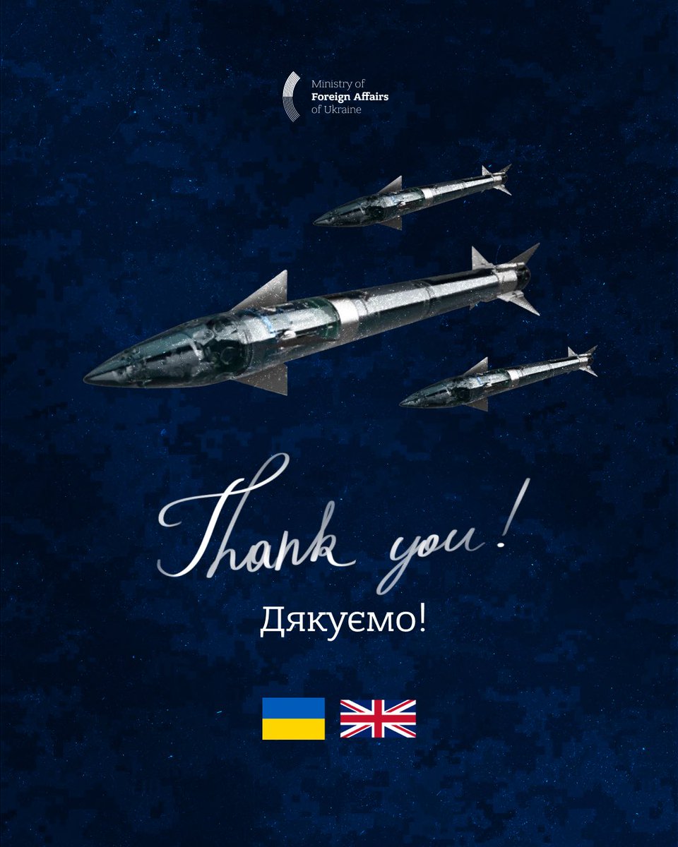 MFA_Ukraine's tweet photo. 🇺🇦🇬🇧 Thank you, the United Kingdom, for strengthening our air defence as Russia continues its attacks on Ukrainian cities.

The newly announced package exceeds £500 million and includes £150 million through NATO’s PURL initiative for US-manufactured interceptors, as well as 1,000 Lightweight Multirole Missiles (LMMs) produced in the UK. 

This much-needed support helps protect Ukraine’s skies and save lives.