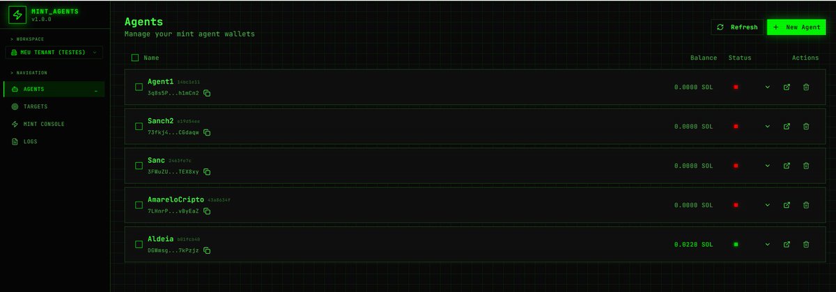 A ideia aqui era criar uma solução para interagir com o Moltbook e aproveitar os mints nesse formato.
Então basicamente:
- Tela para criar Agents;
- Cada Agent ja gera uma wallet Solana;
- Pode conectar wallet EVM;
- Pode criar um importar wallet BTC;