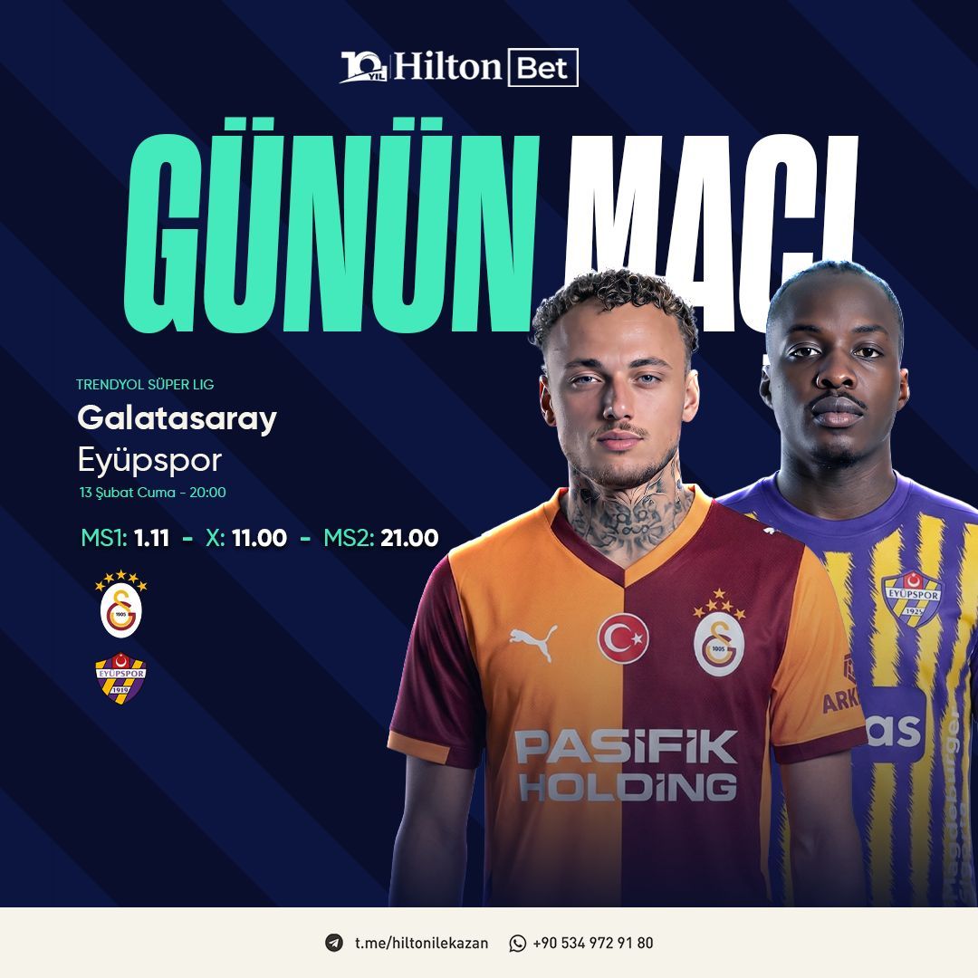 🏆 GÜNÜN MAÇI: Galatasaray 🆚 Eyüpspor 

⚽️ Şampiyonluk yolunda dolu dizgin ilerleyen ve taraftarıyla bütünleştiğinde durdurulamaz bir güce dönüşen Galatasaray, ligin bu sezonki dikkat çekici renklerinden biri olan Eyüpspor’u konuk ediyor. 

🔗 ds.tc/hiltonbet