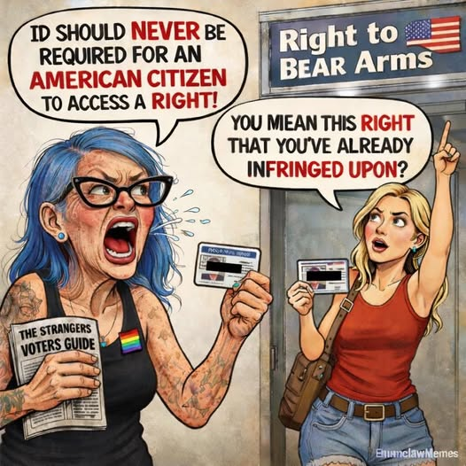 RYboating's tweet photo. This meme makes a great point! 😉

The left: You should never be required to show ID for access to a right! 

Common sense citizen: You mean like the right to buy a firearm?  

Mic drop🎤