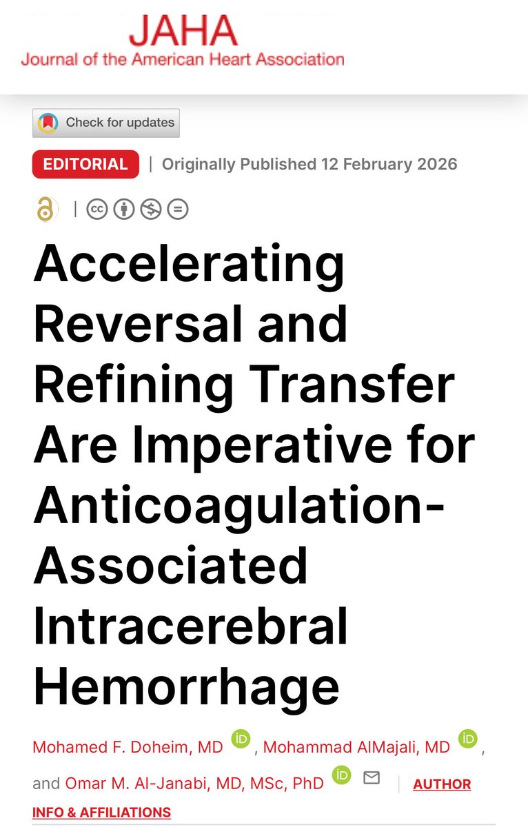 “Hospitals treat efficiently once patients arrive, yet many patients lose critical hours before they reach them”
Please read our editorial on ICH reversal and system of care fragmentation 
🔗 ahajournals.org/doi/10.1161/JA… 
Thanks for the invitation <a href="/OmarAlJanabiMD/">عُمَرْ ألجَنْابِي Omar Al-Janabi MD, MS, PhD</a> <a href="/Mo_majali91/">Mohammad AlMajali</a>