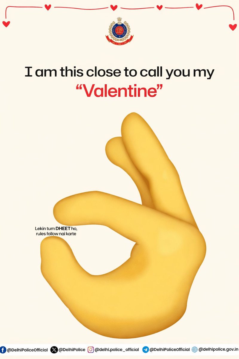 DelhiPolice's tweet photo. This Valentine’s Day🩷
PYAAR ke sath sath CIVIC SENSE ka bhi dhyaan rakhe (GREEN FLAG).

#ValentinesDay
#DPUpdates
#HelloPoliceStation
#HelloDelhiPolice https://t.co/vu3blAJU2m
