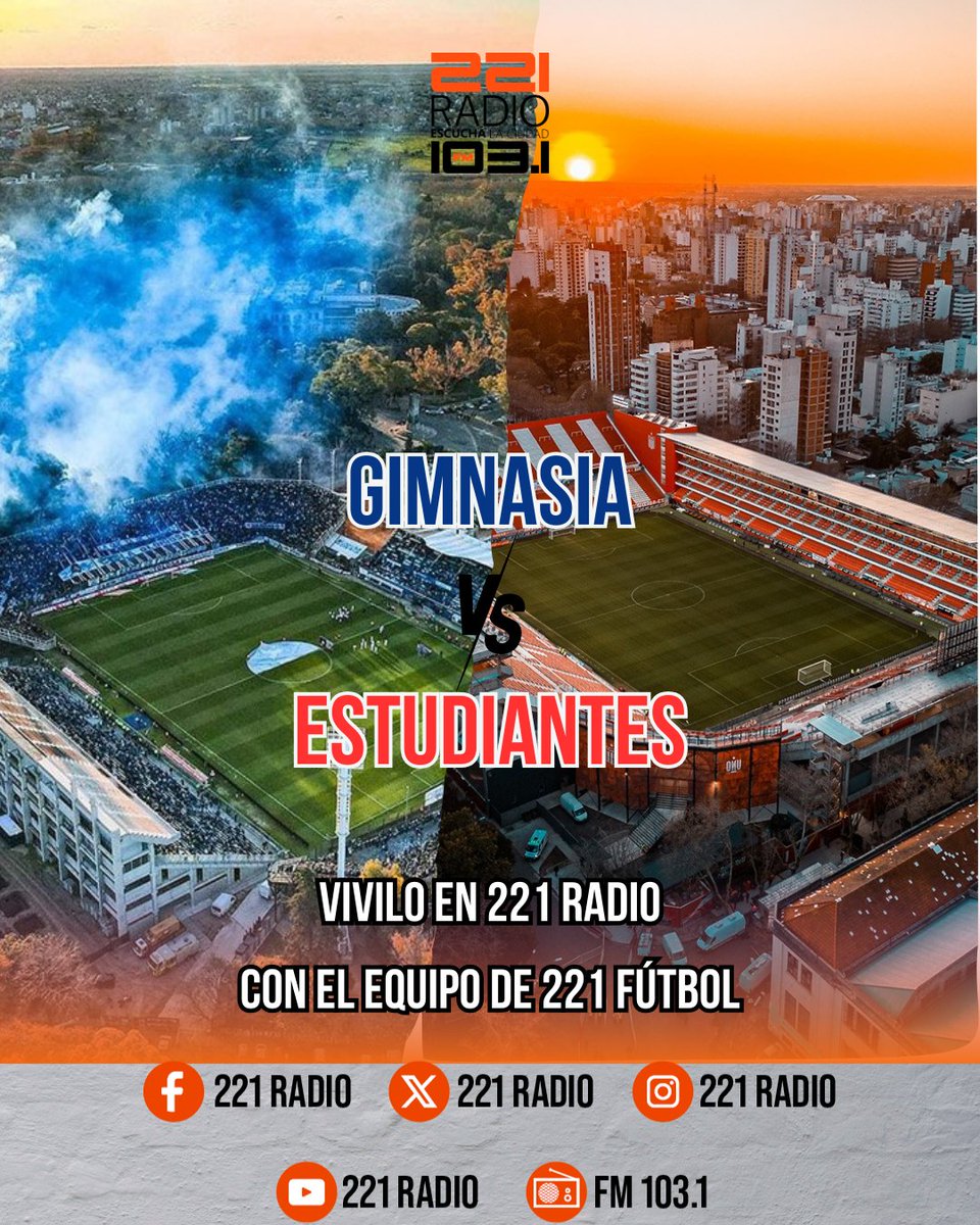 #221Radio #GELP #EDLP | ¡Se juega el Clásico!👇🏼

🐺🦁<a href="/gimnasiaoficial/">Club de Gimnasia y Esgrima La Plata</a> y <a href="/EdelpOficial/">Estudiantes de La Plata</a> se enfrentan por la quinta fecha del #TorneoApertura 

🚨Este domingo, sumate a #221Fútbol: las voces de los protagonistas, las efemérides, la calle y el color de los hinchas lo escuchas en