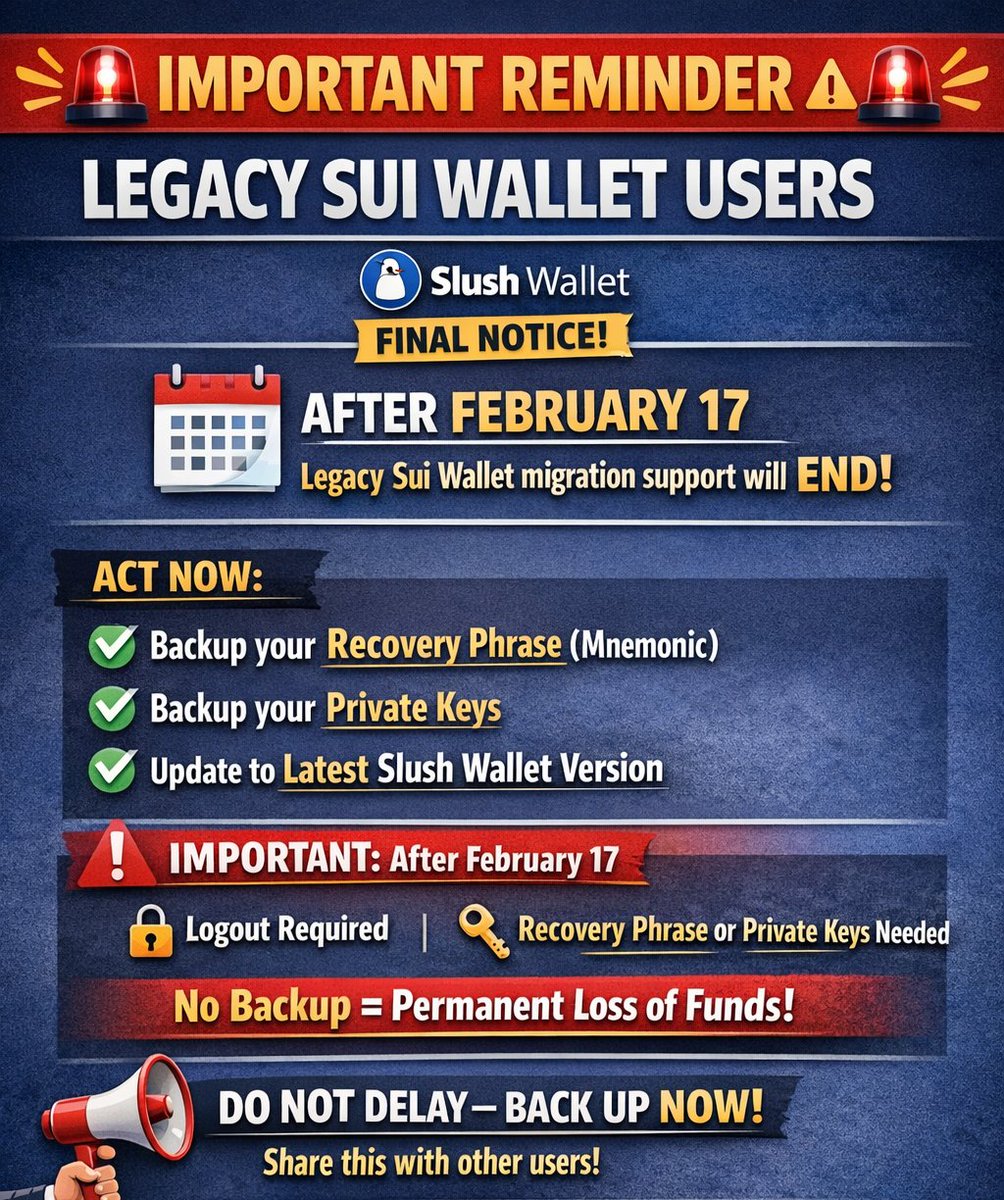 🚨 IMPORTANT REMINDER Legacy Sui Wallet Users 

Slush Wallet has issued a final reminder for all legacy Sui Wallet users 👇

🗓 After February 17
➡️ Legacy Sui Wallet migration support will officially end.

⚠️ What you must do NOW:
✅ Back up your Recovery Phrase (Mnemonic)
✅