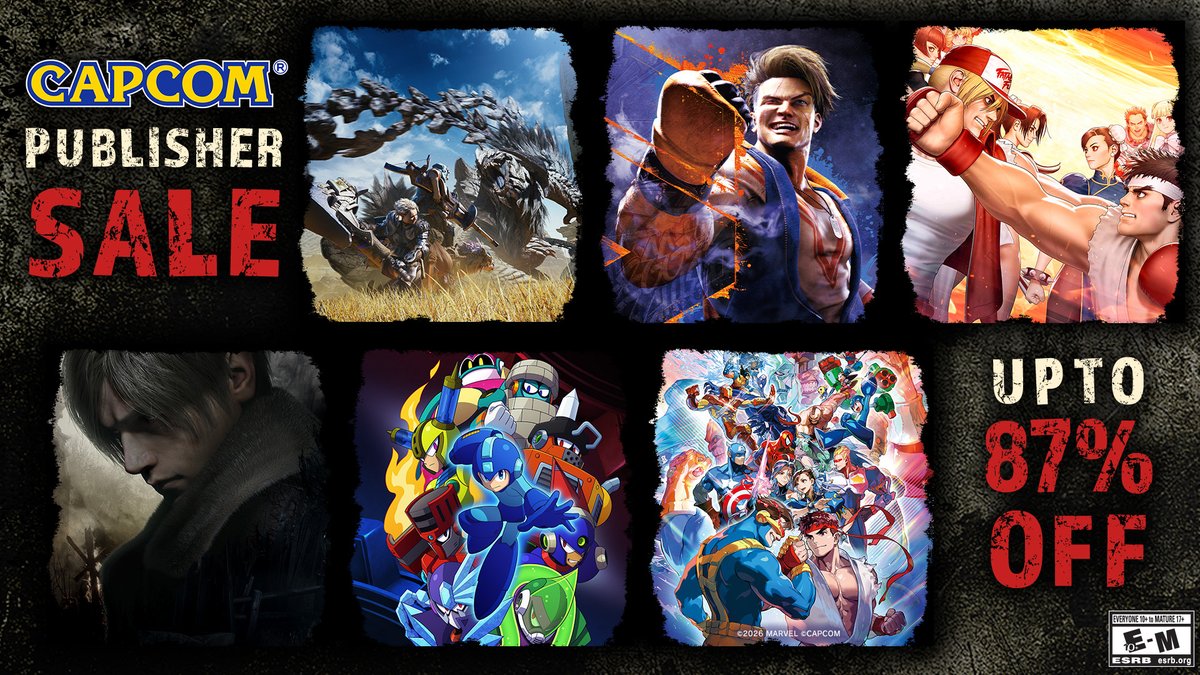 CapcomUSA_'s tweet photo. It's time for the Capcom Publisher Sale! Get up to 87% off on games like Monster Hunter, Street Fighter, Mega Man, and more! Check it out and find a new favorite title today!

⭐ https://t.co/r3sL138z1l https://t.co/Lt6tx0ATho