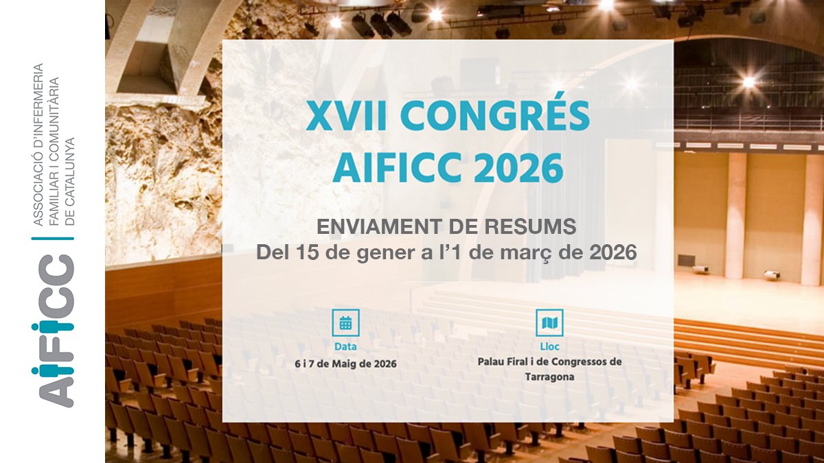 📢  Oberta la convocatòria d’enviament de resums per al XVII CONGRÉS AIFiCC 2026
1️⃣ Cas clínic
2️⃣ Estudi qualitatiu
3️⃣ Estudi quantitatiu
4️⃣ Experiència
5️⃣ Revisió bibliogràfica
6️⃣ Projecte de recerca

🗓️ Fins l’1 de març de 2026❗

INFO ➡️ f.mtr.cool/bkcpguyioz

#Infermeria