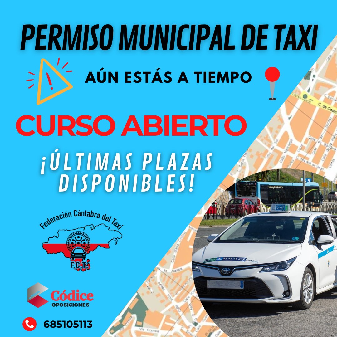 📣 ¡ÚLTIMAS PLAZAS DISPONIBLES!

🚕 Si estás en paro es tu oportunidad, ¡trabajo prácticamente asegurado! 👌

✍ ¡Matricúlate ya! 👇
📲 685 105 113
📩 academia@codicecantabria.com