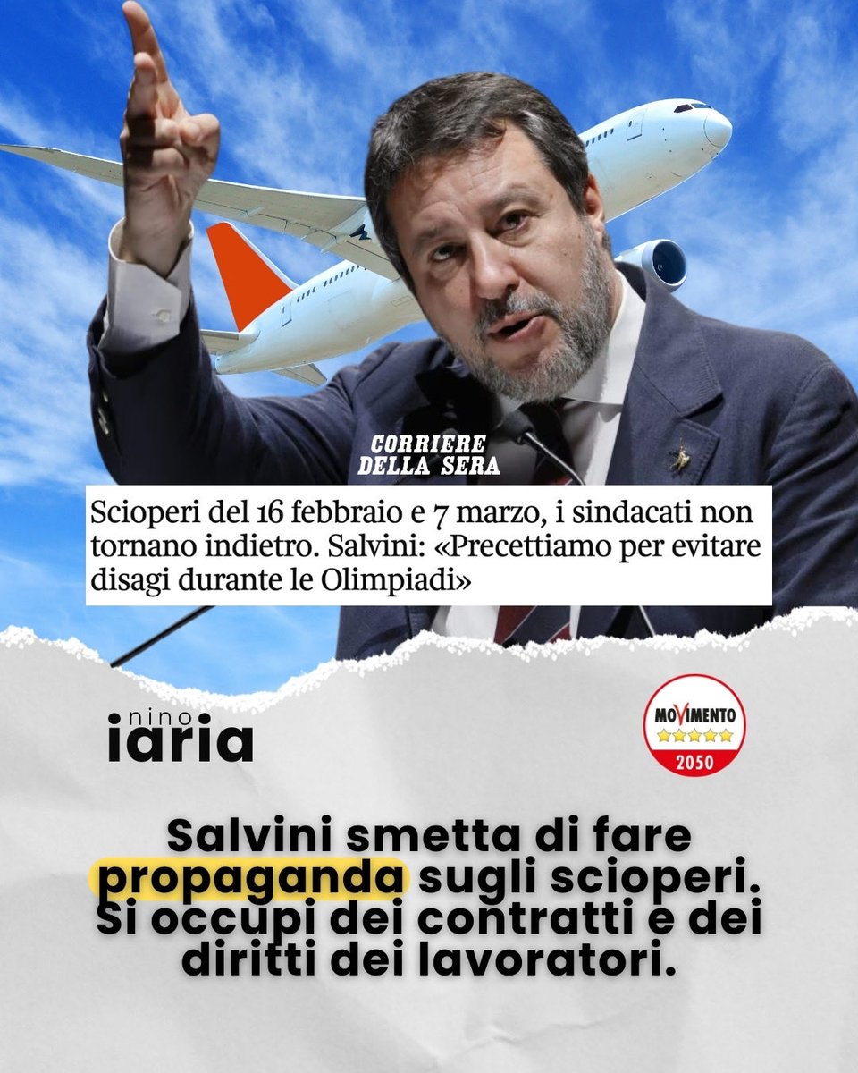 Lo scontro tra il ministro Salvini e i sindacati sullo sciopero del trasporto aereo, confermato per il 16 febbraio e il 7 marzo, è l’ennesima prova di un metodo sbagliato: invece di affrontare le ragioni della protesta, il Governo prova a trasformare tutto in una guerra mediatica